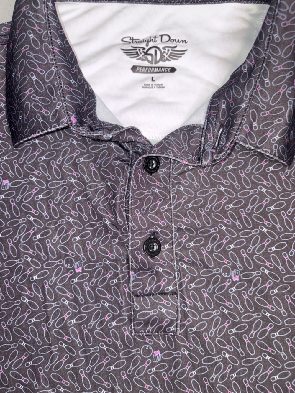 Straight Down Performance Short Sleeve Polo Shirt Bowling Pin Print size Large